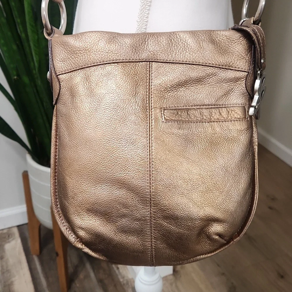 B. Makowsky Metallic Bronze Crossbody Pebbled Leather Bag - Picture 9 of 16
